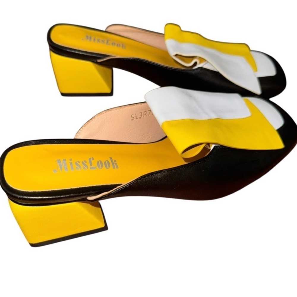 VTG Miss Look Block Heel Slide Sandals Womens 8 Yellow White Square Toe Mules - Picture 2 of 5